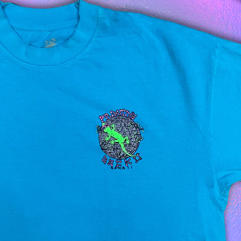 1988 Primitive Gecko - 1980s Neon Blue Razz Single Stitch Tee - Image 2