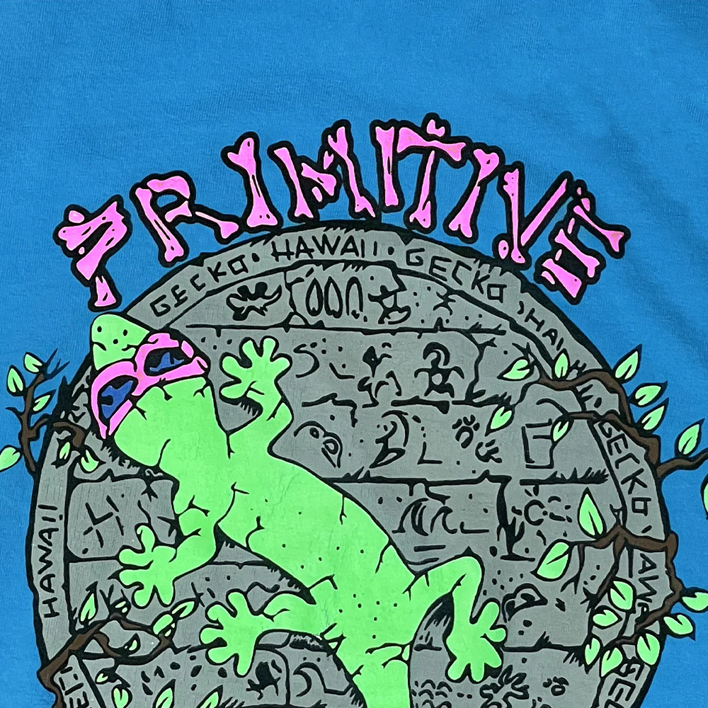 1988 Primitive Gecko - 1980s Neon Blue Razz Single Stitch Tee - Image 3