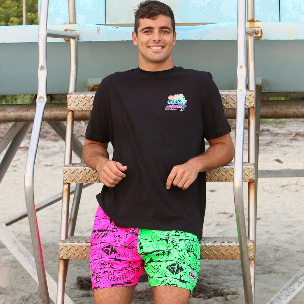 Gecko Wall - Neon Pink/Green Split Volley Shorts - Image 2