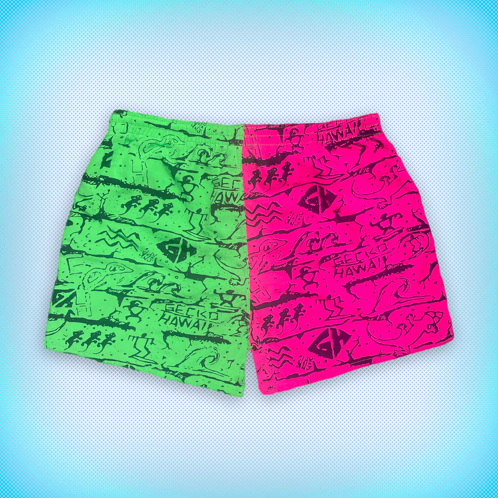 Gecko Wall - Neon Pink/Green Split Volley Shorts - Image 4