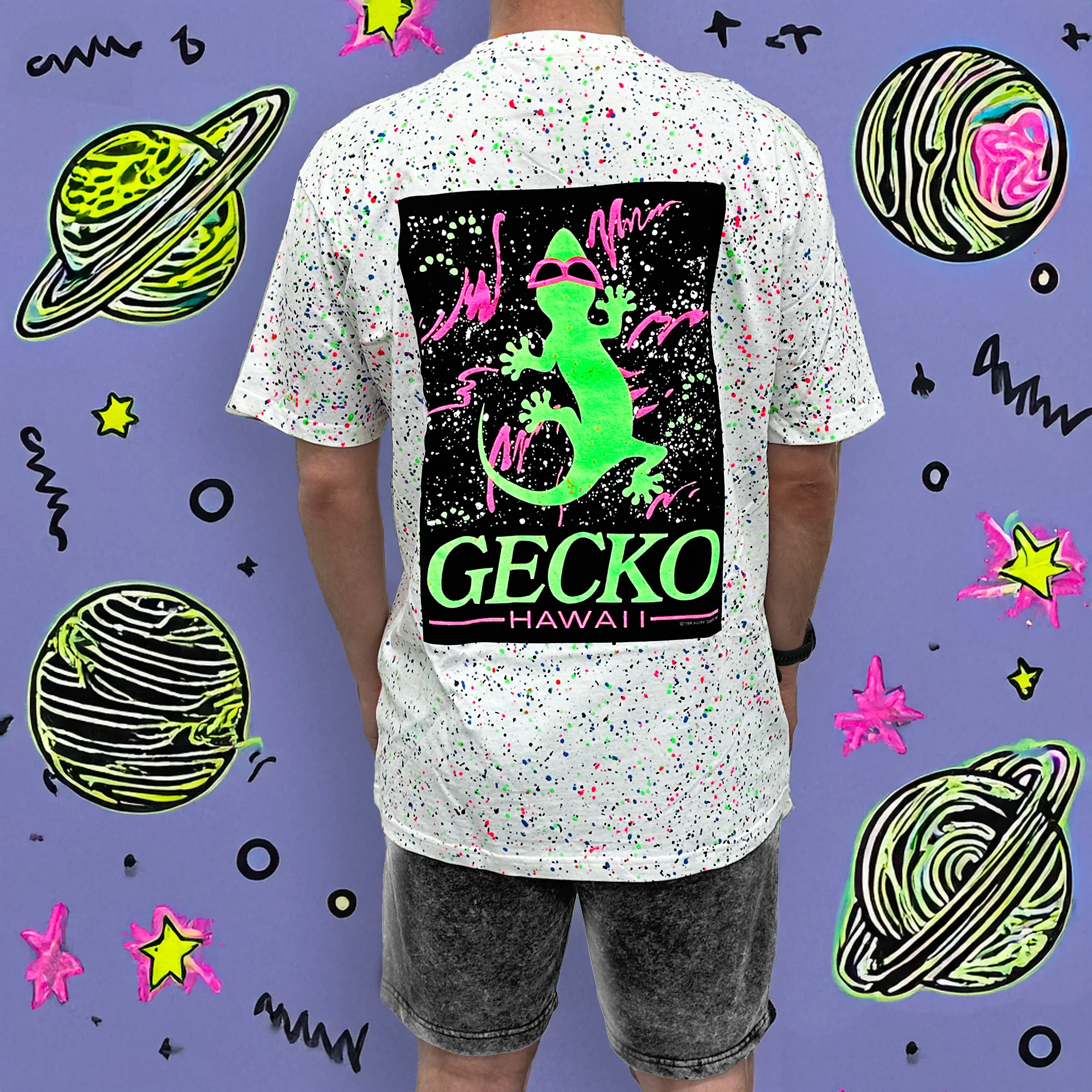 Limited Edition Space Gecko Glow In The Dark Splatter White Tee - Image 3